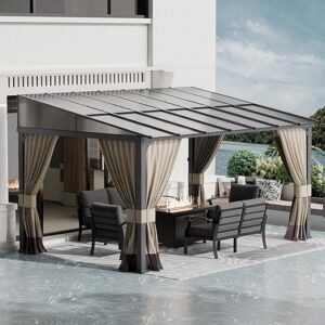 10x14FT Gazebo, Hardtop Wall Mounted Gazebo with Sloping Sun Panel Roof, Awnings for Patio with Metal Frame, Double Curtains for Garden, La…