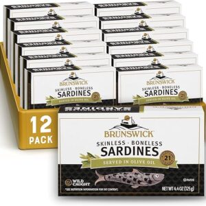 Brunswick Wild Caught Skinless and Boneless Sardines, Served in Olive Oil, 4.4 Ounce (Pack of 12)