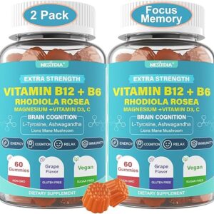 Focus Memory & Energy Gummies, L-Tyrosine + Methyl B12 1000mcg, B6 50mg, D3 C, Lion’s Mane Mushroom, for 15+ Students, Office Worker, Multi…