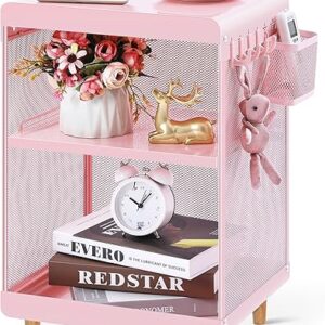 Cute Bedside Nightstand Table, Girls Metal Side Table, Kid End Table with Storage for Living Room Bedroom Kid’s Room Dorm Office (Classic Pink)