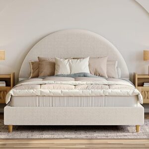 DG Casa Boucle Cloud Bed Frame with Arch Shaped Headboard, Upholstered in Soft Fabric, Platform Bed Frame with Solid Wood Legs – Boho or Mo…