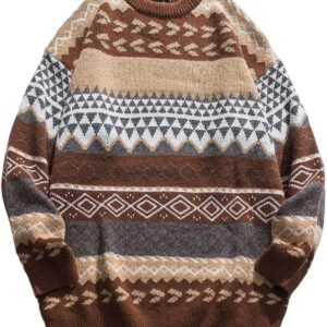 Arssm Mens Vintage Sweater Grandpa Oversized Cable Knit Crewneck Pullovers Casual Long Sleeve Striped Sweater(Brown-XL)