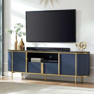 OKD Luxury 70″ Fluted TV Stand, Modern Chic Entertainment Center for TVs Up to 80 inches, TV Console with Faux Marble Top, Curved Profile D…