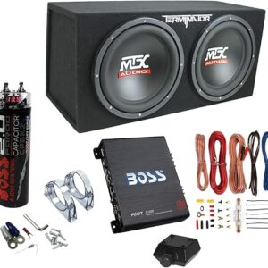 MTX 12 Inch 1200 Watt 4 Ohm Dual Loaded Car Audio Subwoofer Package with Sub Enclosure, Boss 1100W Mono A/B Amplifier, Wiring Kit and Capac…