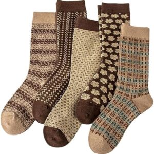 Kelabia 5 Pairs Vintage Cotton Womens Cute Crew Socks – Fall Aesthetic Long Preppy Ankle Socks