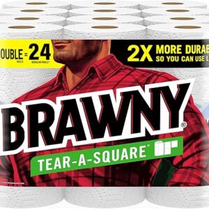 Brawny Tear-A-Square Paper Towels, 12 Double Rolls = 24 Regular Rolls, 3 Sheet Sizes (Quarter, Half, Full), Strength for All Messes, Cleanups, and…