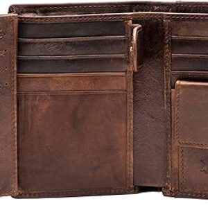 POKOFO Large RFID Genuine Leather Card Holder Trifold Wallet Snap Closure 3 ID Windows for men