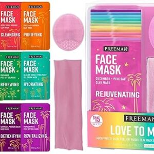 Freeman Facial Love To Mask Variety Pack: Oil Absorbing Clay, Detoxifying Charcoal, Clearing Peel Off, Hydrating Gel Cream, Exfoliating Scr…