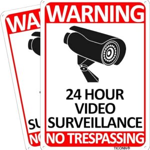 TICONN 2-Pack 24 Hour Video Surveillance Sign, No Trespassing Aluminum Warning Sign, 10’’x7’’ for CCTV Security Camera – Reflective, UV Pro…