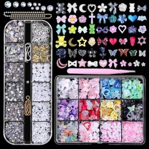 3D Nail Charms Set, Color Flower Bow Moon Heart Star Nail Art Charms, Half Round Pearl & Flatback Gems AB, Hollow Butterfly Alloy Nail Art S…
