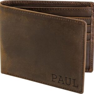 STAY FINE Personalized Wallet for Men, Custom Engraved Leather RFID Blocking Bifold, 2 ID Windows, 8 Card Slots, Gift for Him, Brown