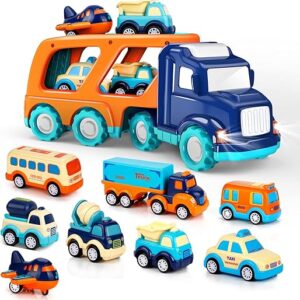 9 Pack Cars Toys for 2 3 4 5 Years Old Toddlers Boys & Girls Gift, Big Transport Truck with 8 Small Cute Pull Back Trucks, Carrier Truck wi…