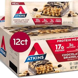 Atkins Chocolate Chip Granola Protein Meal Bar, High Fiber, 17g Protein, 1g Sugar, 3g Net Carbs, Meal Replacement, Keto Friendly, 12 Count