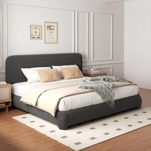 King Size Boucle Bed Frame with Adjustable Headboard, Upholstered Cloud Platform Bed, Anti-Collision Soft Rounded Corners, No Box Spring Ne…