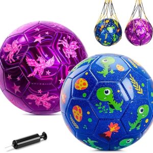 INPODAK 2 Pack Size 3 Soccer Balls for Toddler Kids Ages 2-8 Unicorn and Dinosaur Design Sports Balls for Boys Girls with Pump and 2 Mesh Ba…