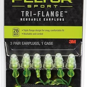 Peltor Sport Tri-Flange Corded Reusable Earplugs, 3 Pair, Noise Reduction Rating (NRR) 26 dB, Comfortable Fit, Ideal For Range, Shooting & H…
