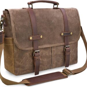 Mens Messenger Bag 15.6 Inch Waterproof Vintage Genuine Leather Waxed Canvas Briefcase Large Leather Computer Laptop Bag Rugged Satchel Shou…