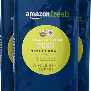 Amazon Fresh Organic Fair Trade Peru Whole Bean Coffee, Medium Roast, 12 Ounce (Pack of 3)