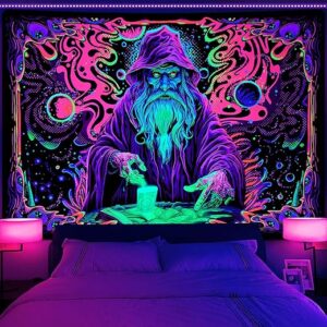 Uspring Blacklight Tapestry Trippy Wizard Tapestry for Bedroom UV Reactive Tapestries Magic Eyes Tapestry Neon Starry Wall Tapestry Hanging…