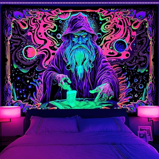 Uspring Blacklight Tapestry Trippy Wizard Tapestry for Bedroom UV Reactive Tapestries Magic Eyes Tapestry Neon Starry Wall Tapestry Hanging...