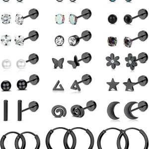 LOLIAS 21Pairs Surgical Steel Flat Back Earrings Hypoallergenic 20G Screw Back Nap Stack Cartilage Earring Stacks