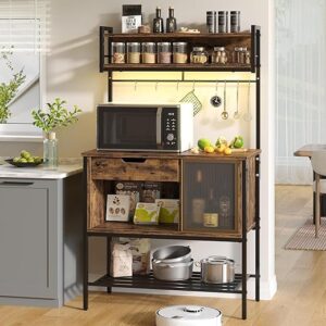 Bestier Bakers Rack with LED Lights, 6 Tier Microwave Stand with Storage Drawer Cabinet, Kitchen Coffee Bar Table with 8 Hooks, Heavy Duty S…