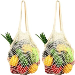 [2 Pack] Premium Mesh Grocery Bags, Reusable Produce Bags, Long Handle Net Tote Bags, 100% Cotton String Bags, Fruit and Vegetable Bags, Be…