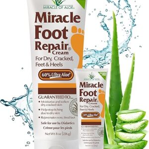 Miracle Foot Repair Cream (8 oz & 1 oz) Repairs Dry Cracked Heels and Feet, 60% Pure UltraAloe Moisturizes, Softens, and Repairs