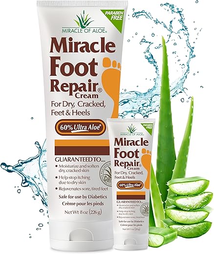 Miracle Foot Repair Cream (8 oz & 1 oz) Repairs Dry Cracked Heels and Feet, 60% Pure UltraAloe Moisturizes, Softens, and Repairs