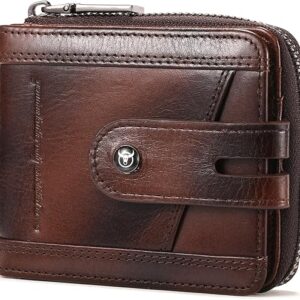 BULLCAPTAIN Genuine Leather Men’s Wallet with Zipper Vintage RFID Blocking Large Capacity Wallet for Men with 14 Credit Card Slots and 1 ID …