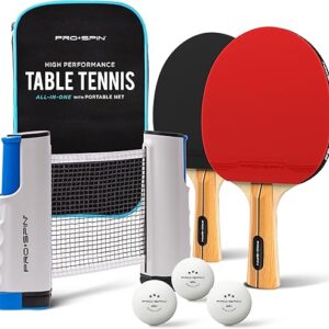 PRO SPIN All-in-One Ping Pong Set – Retractable Ping Pong Net for Any Table (72″), Ping Pong Paddles and Balls, Storage Case – Portable Tab…