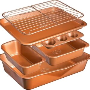 6 Piece Non-Stick Bakeware Set Includes Baking Pans, Cookie Sheet, Loaf Pan, Muffin Tin and more with Premier Ti-Cerama Copper Coating 100%…