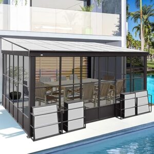 Domi 12x14FT All Season Sunroom, Outdoor Permanent Wall Mounted Solarium with Detachable Polycarbonate Windows, Aluminum Lean to Gazebo Sun…