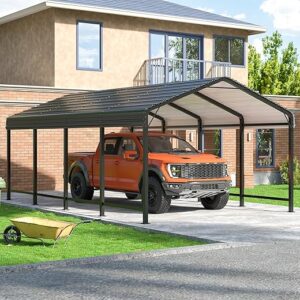 Carport 12×20 FT Metal Carport with Enhanced Base Outdoor Heavy Duty Garage Galvanized Car Shelter for Pickup, Boat, Car and Tractors