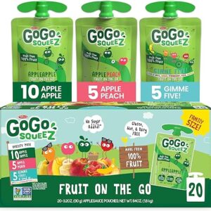 GoGo squeeZ Applesauce and Fruit Puree Variety Pack, Apple, Peach & Gimme Five!, 3.2 oz (Pack of 20), Unsweetened Fruit Snacks for Kids, Gl…