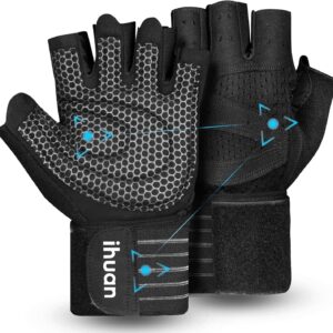 ihuan Ventilated Weight Lifting Gym Workout Gloves with Wrist Wrap Support for Men & Women, Full Palm Protection, for Weightlifting, Traini…