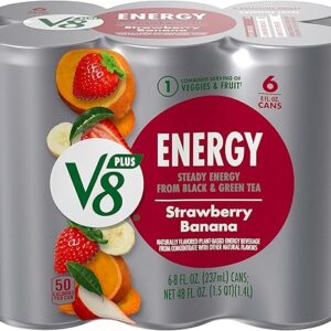 V8 +ENERGY Strawberry Banana Energy Drink, Made with Real Vegetable and Fruit Juices, 8 FL OZ Can (Pack of 6)