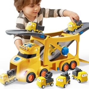 Extra Large Toy Cars for Toddlers, 3-Layer Construction Trucks for 2 3 4 Year Old Boys, 7-in-1 Big Transport Vehicle Carrier Truck with Sir…