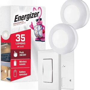 Energizer LED Puck Lights, Wall Switch Remote, 2 Pack, Battery Operated, Under Cabinet Lighting, Wireless Lights, 50 ft Range, Perfect for K…