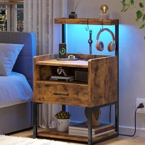 VIAGDO Nightstand with Charging Station and LED Lights, Rustic Brown Night Stand with Drawer, Modern End Side Table with Open Storage Shelve…