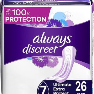 Always Discreet Incontinence Pads for Women and Postpartum Pads, Ultimate Extra Protect, 26 CT, up to 100% Bladder Leak Protection