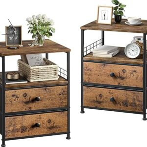 Nightstand Set of 2, 17.8″W Bedside Table with Fabric Drawers and Open Wood Shelf Storage, Safety Netting on 2 Sides of Bedside Table,Night …