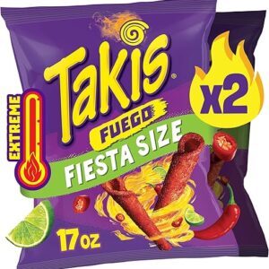 Takis Fuego 17 oz Fiesta Size Bag, Hot Chili Pepper & Lime Flavored Extreme Spicy Rolled Tortilla Chips (Pack of 2)