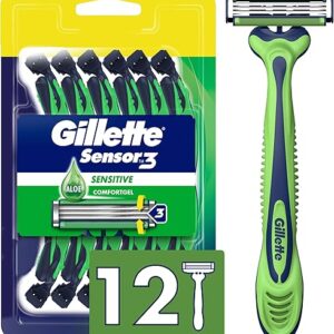 Gillette Sensor3 Sensitive Men’s Disposable Razor, 12 Razors