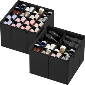 SpaceAid Shoe Organizer for Closet, 2 Pack Foldable Shoe Storage Containers Baskets Boxes Bins w/Adjustable Dividers, Fits 16-32 Pairs, Black