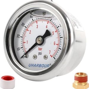 Liquid Filled Fuel Pressure Gauge with 1-1/2″ Dial and 304 Stainless Steel case, 0-100Psi/Bar, 2% Accuracy, 1/8″ NPT Center Back Mount, wit…