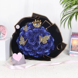 DIY Glitter Roses: Artificial Bouquet of Shiny Fake Flower Bouquet Perfect for Mothers Day Gift, Anniversary, Weddings – 25 Roses (Blue)