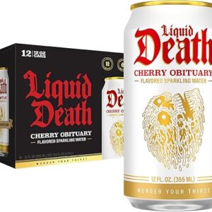 Liquid Death, Cherry Obituary, Cherry-Flavored Sparkling Water, 12-Pack (12oz Cans), Low Calorie & No Artificial Sweeteners