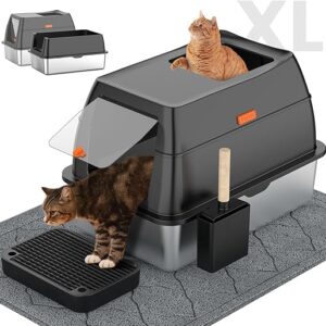 Stainless Steel Cat Litter Box With Lid – Front Entry Top Exit, Extra Large Enclosed Metal Box With Scoop & Mat – Black