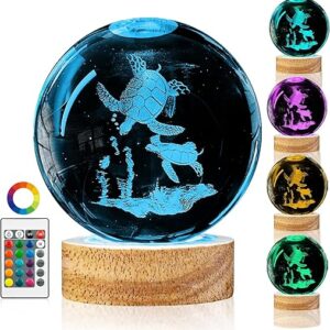 3D Sea Turtle Crystal Ball Night Light with 16 Color LED Wooden Base, Large 3.15 Inch Sea Turtle Glass Ball Lamps with Remote Cool Birthday…